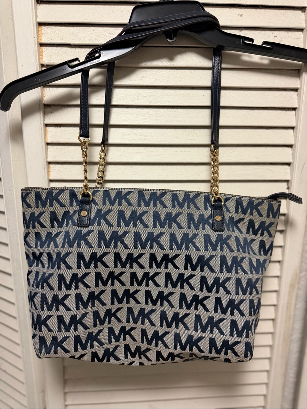Michael Kors Navy and Cream MK Logo Tote with Gold Chain Straps